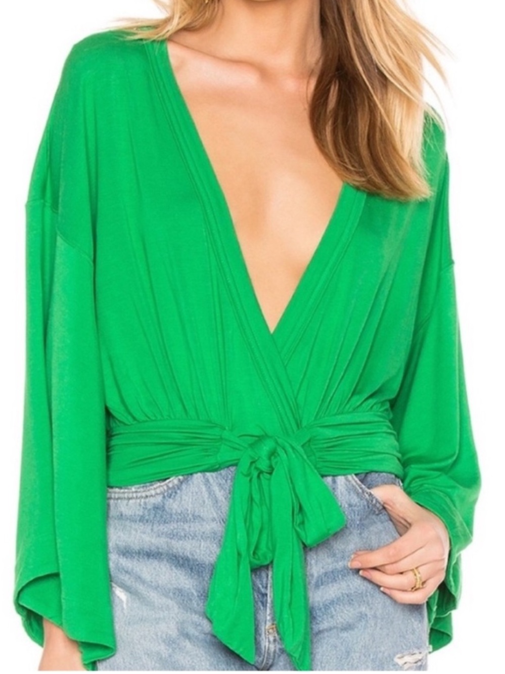 Free People That's A Wrap Kelly Green Tie Front Top Large